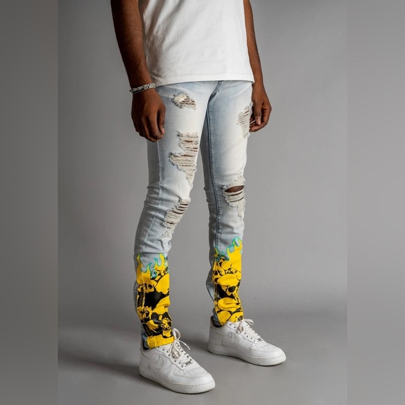 GFTD(BLUE PILE SKULL DENIM JEANS - Picture 2 of 3